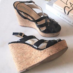 LK Bennett navy patent leather & tan / beige cork wedge platform sandals / shoes